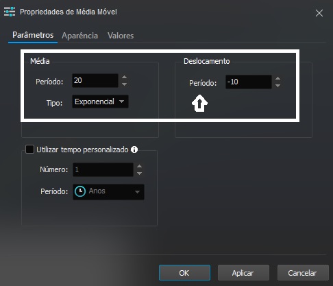 Exemplo de configuração das bandas com função deslocamento
